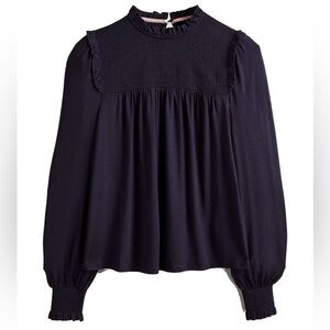 Boden Navy Smocked Yoke Ruffled Long-Sleeve Top